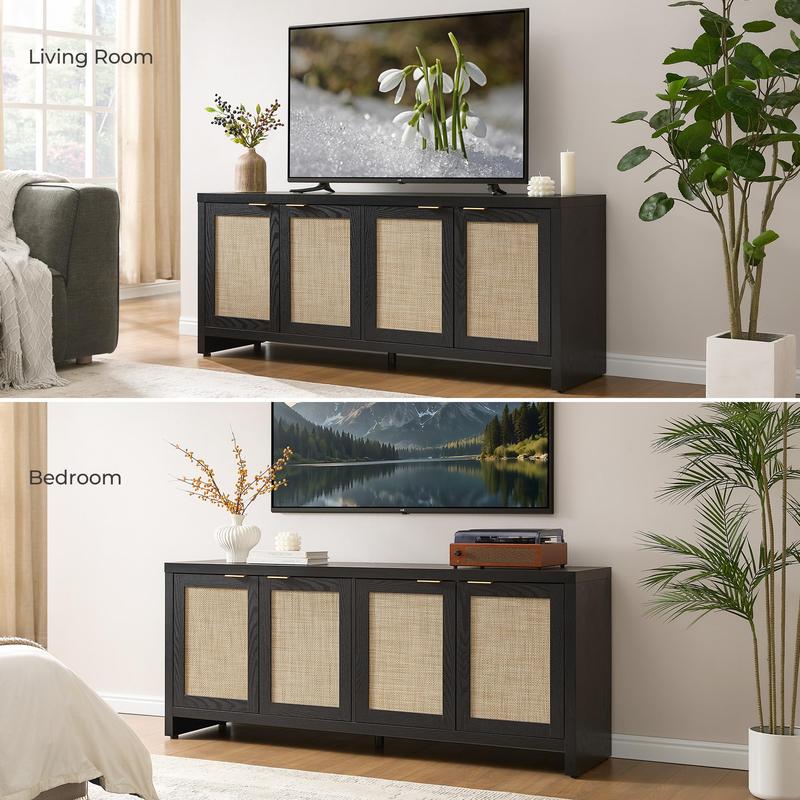 SICOTAS TV Stand for Living Room Boho Entertainment Center for Bedroom with 4 Rattan Cabinets Farmhouse Television Stands with Storage Large Wood Media Console Table for TVs up to 45 50 55 60 65 Inch