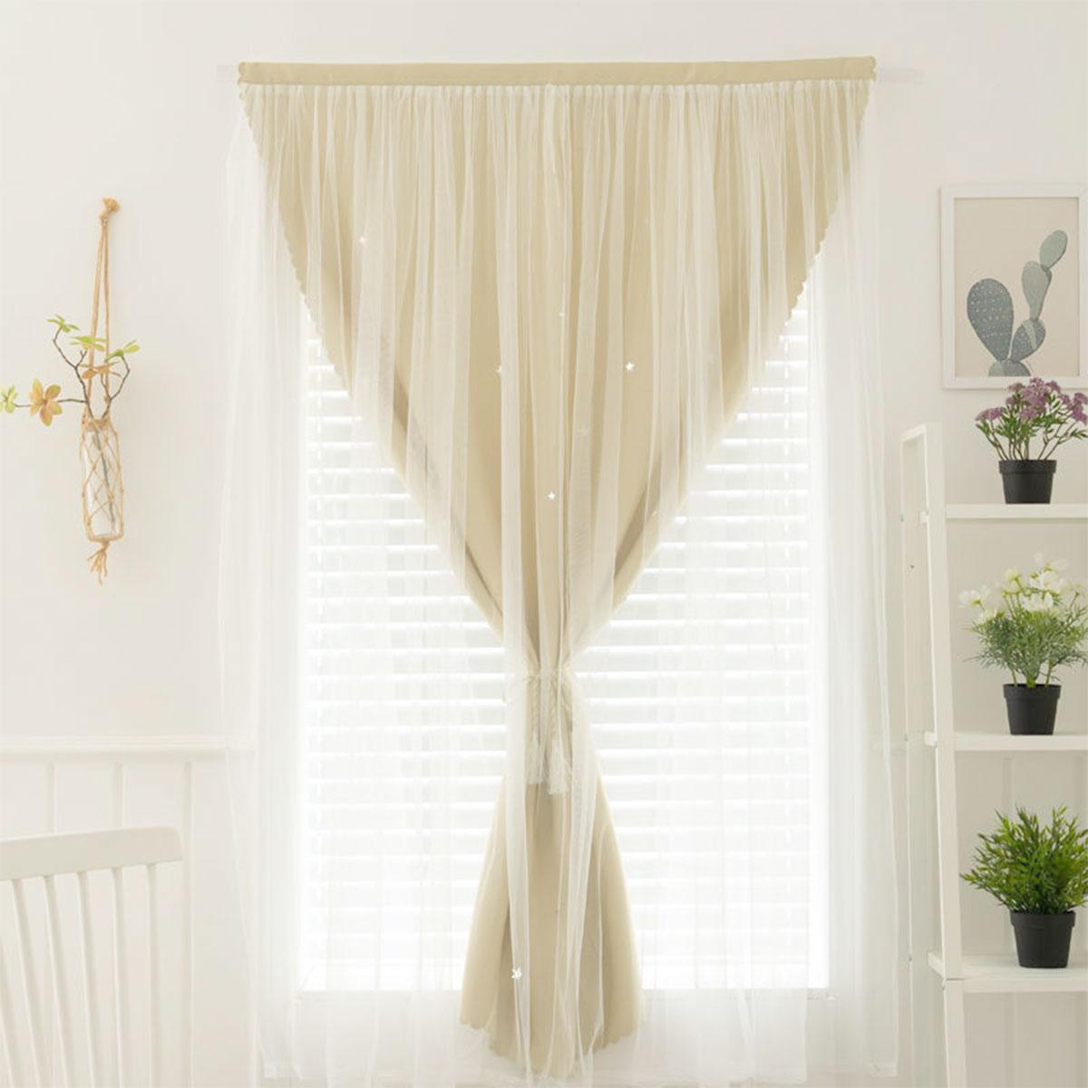 Starry Two-Layer Curtains, No-Drill Bedroom Girl Style Light Blocking Drapes, Balcony Window Windproof Sheer Curtain with Magic Tape