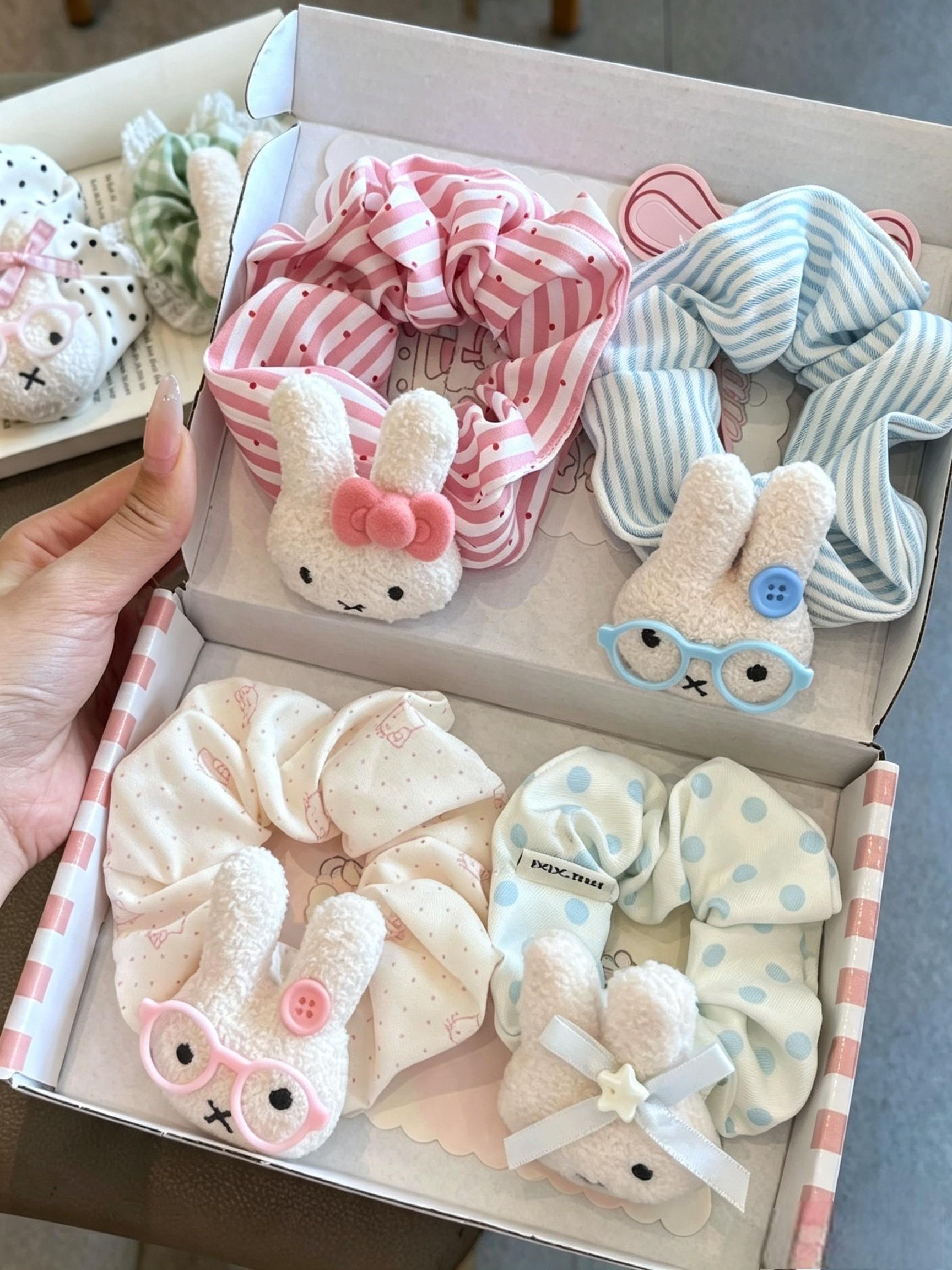 6pcs Easter Day Hair Scrunchies Bowknot, Candy Color Rabbit Hair Ties, Elastic Bands for Thick Curly Hair, Ponytail Holders for Women Men