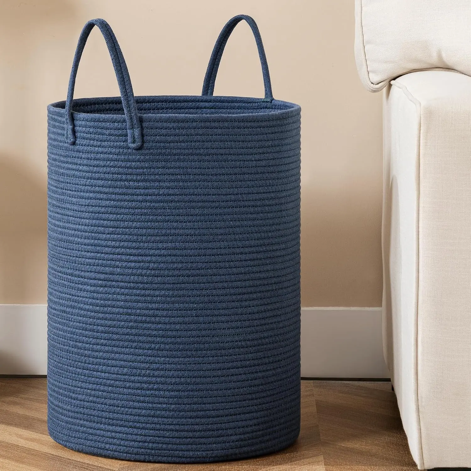 Laundry Basket, 52L Woven Laundry Hamper, Baby Nursery Hamper for Toys | Large Storage Basket, Blanket Basket for Living Room, Clothes Hamper, Long Handles, Girls, Boys, Kids Room Décor, Blue
