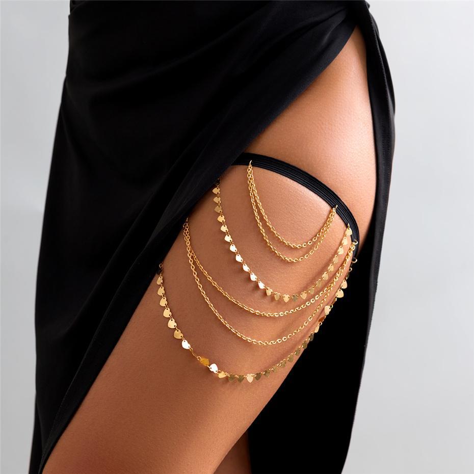 Boho Sexy Elastic Band Bandage Leg Thigh Chain for Women Bikini Summer Heart Tassel Pendant Multilayer Garter Belt Body Jewelry