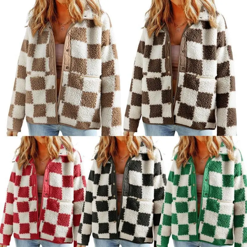 Women's Plaid Long Sleeve Lightweight Fleece Jacket Button Down Checkerboard Sherpa Coat Fall Outerwear