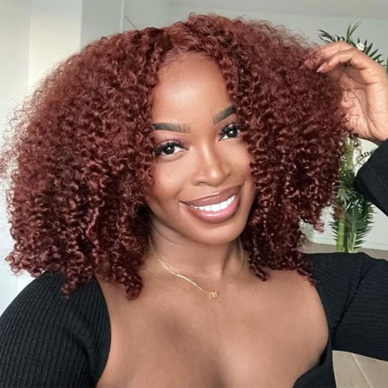 MORE FACE #33 Reddish Brown Kinky Curly Wig Wear and Go Glueless Wig Human Hair Pre Plucked Pre Cut 6*4 Transparent Lace Closure Wigs Natural Hairline