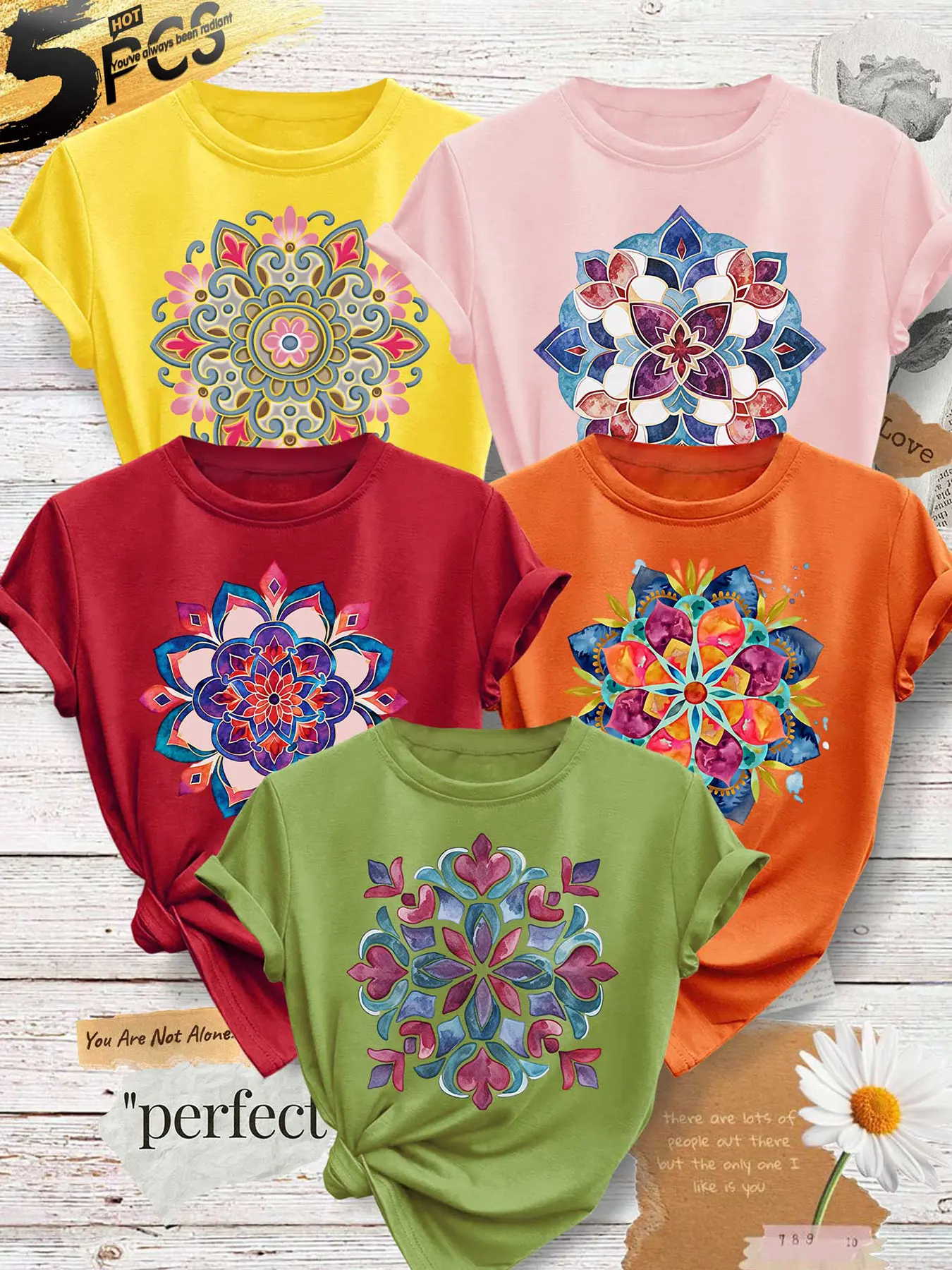 5‑Pack Women Crew Neck T‑Shirts, Mandala Floral Print As Picture, Multi‑Color Available, Machine Washable, Spring Summer Tops, Soft Skin‑Friendly Fabric, Daily Wearable, Fashion Design Short Sleeve Shirts