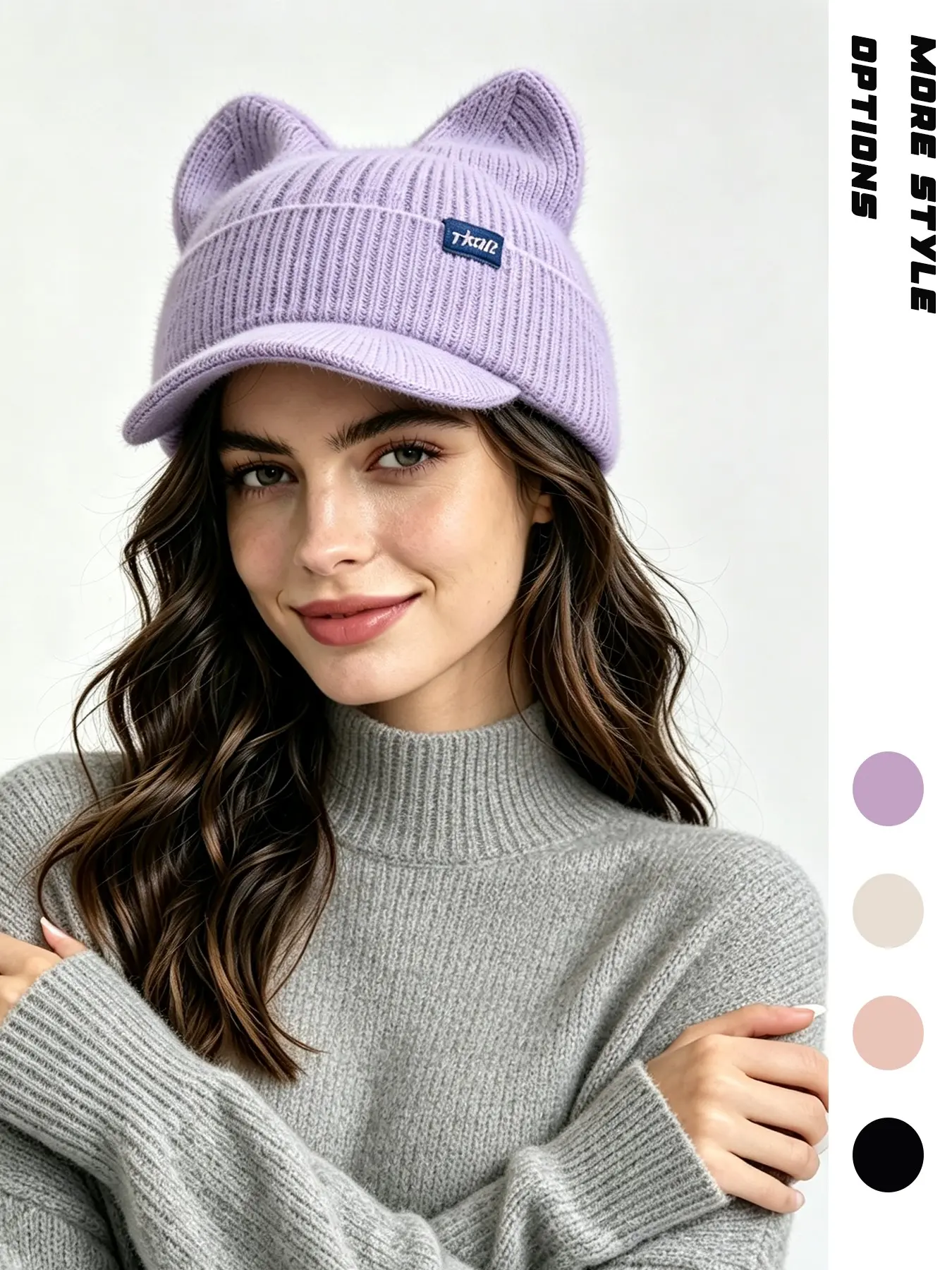 Women's Cute Cat Ear Knit Hat, Soft Fuzzy Warm Short Brim Cap, Label Decor, Casual Outdoor Winter Hat, All Seasons Slim Fit