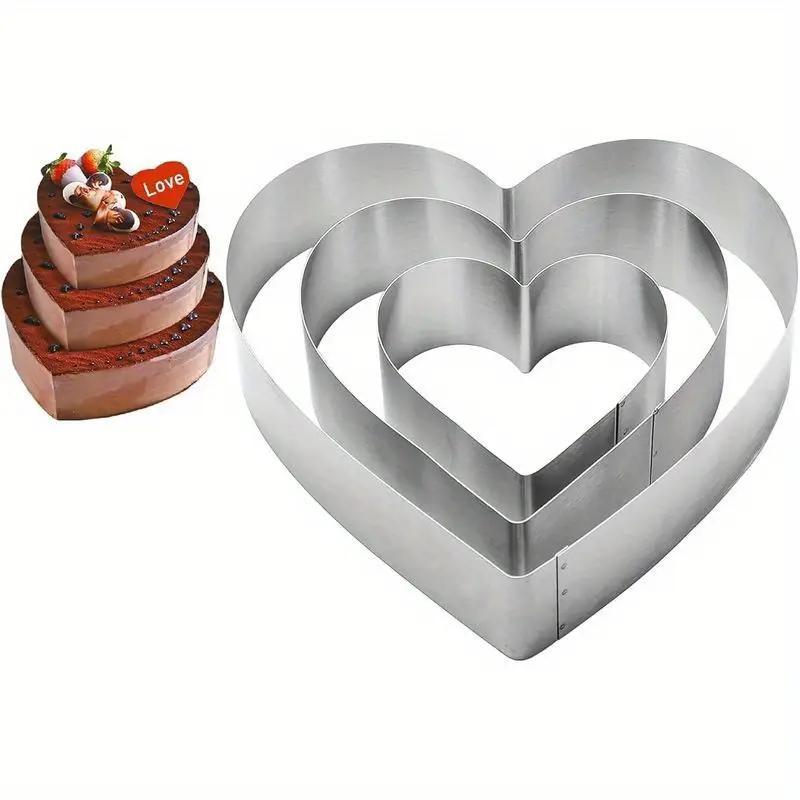 Heart Cake Molds Set (4 Inch + 6 Inch + 8 Inch), Stainless Steel, Suitable for Layer Cakes, Pancakes, Desserts, Birthday, Wedding, Holiday Baking