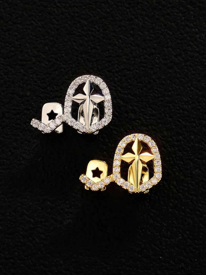CRUSH CR 1pc 18K Gold Plated Copper Cross Star Grillz with CZ Stones, Silver & Gold Finish – Elegant Hip-Hop Tooth Jewelry Tooth Gems for Female, Black Women, Girls, Men & Boys. Perfect for Parties, Halloween, Cosplay & Gifts! Trendy Bling Accessory