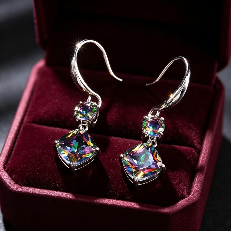 Women's Cushion Cut Rainbow Flash Dangle Earrings - 2-Stone Hook-Style Unique Design Earrings, Bling Effect Coated Metal Statement Jewelry, Valentine/Cocktail/Prom Gift