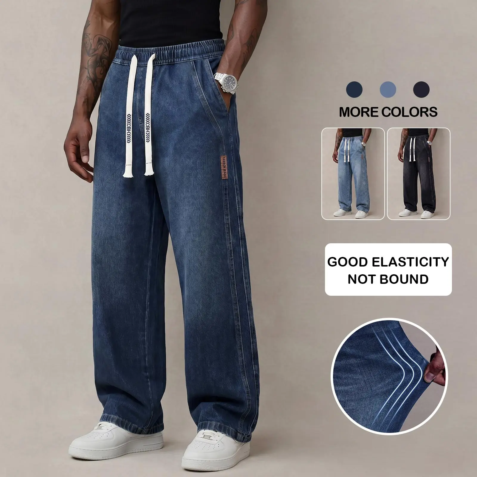 Men’s jeans made from stretchy cotton—comfortable and stylish. Loose fit for everyday wear; long pants with a drawstring elastic waistband design for men.