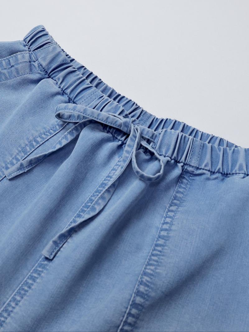 Women's Thin Silk High Waisted Denim Loose Drawstring Pants, Casual Style, All Seasons, Plain Pattern, Comfortable and Stylish
