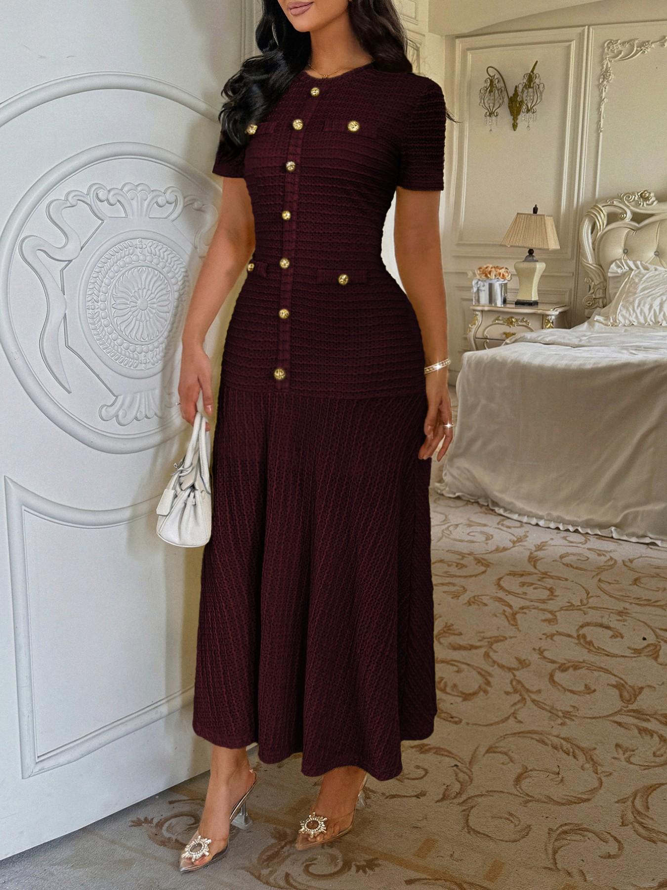 Pure Color Casual Button Decor Long Dress, Fitted Short Sleeve Plain Design, Women's Fashionable Long Gown for Everyday Wear