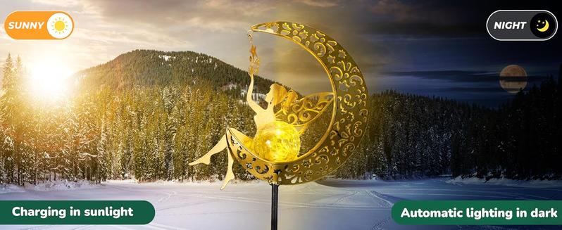 Solar Garden Statues Outdoor Decor Fairy Moon Figurine Light Stake, Housewarming Ornament for Patio, Lawn, Yard, Pathway, Unique Gift Ideas for Gardening Mom Grandma