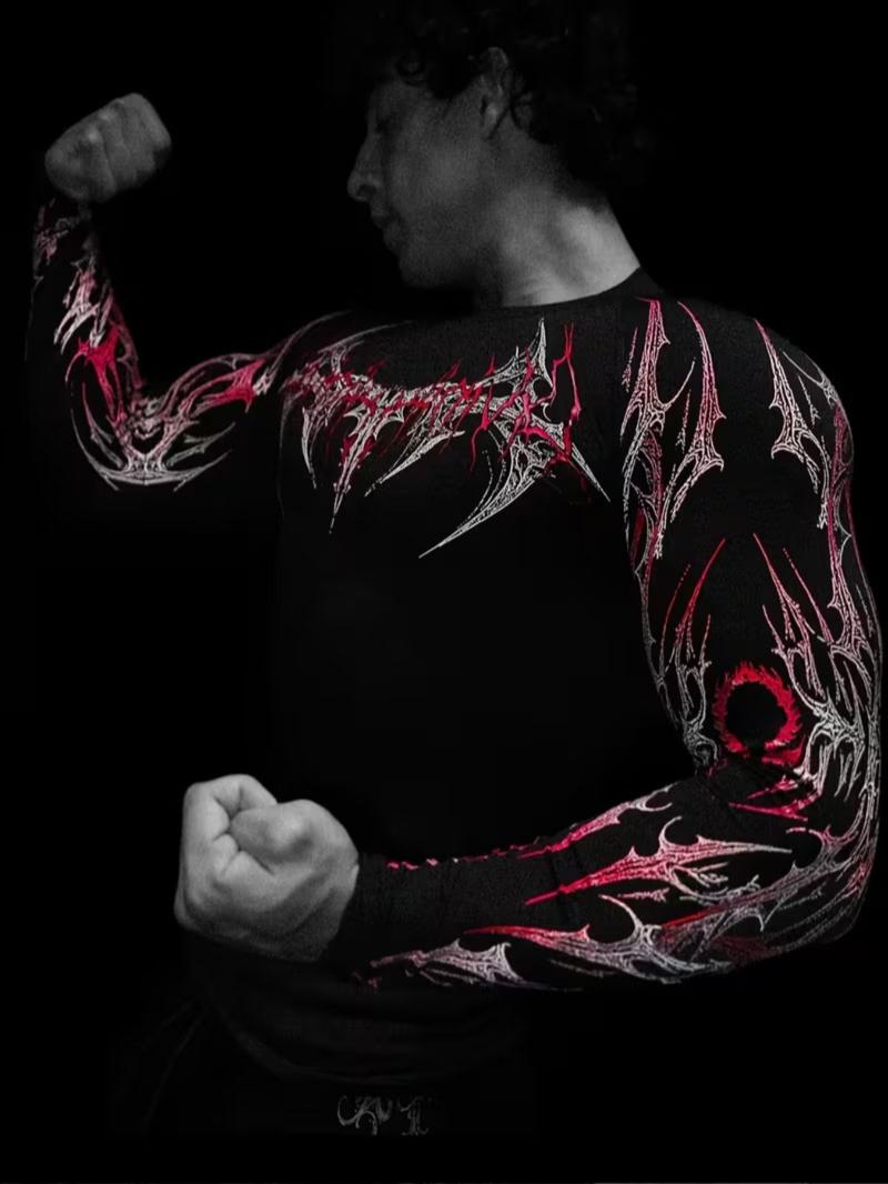 Men's Professional Sports Quick-Dry Fitness Shirt, Gothic Print Long Sleeve, High Elasticity, Round Neck, Moisture-Wicking, Running, Training, Daily Wear, Athletic Top Men's Professional Sports Quick-Dry Fitness Shirt, Gothic Print Long Sleeve, High Elasticity, Round Neck, Moisture-Wicking, Running, Training, Daily Wear, Athletic Top