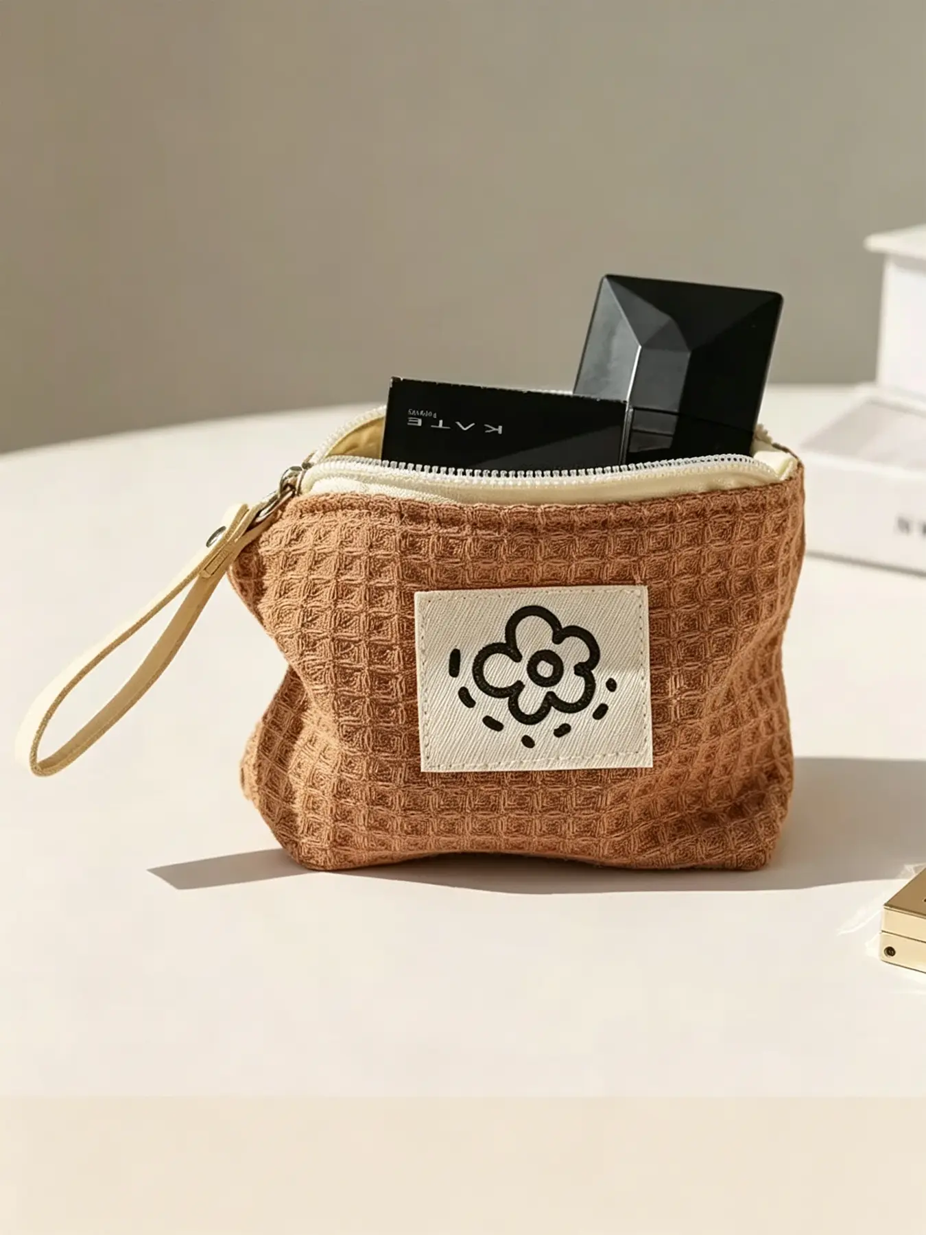 Cute Sunflower Weave Mini Zipper Pouch, Floral Patch Small Cosmetic Bag, Makeup Bags, Portable Coin Purse for Lipstick, Cards & Keys, Soft Cotton Travel Organizer, Travel Essentials Makeup Pouch