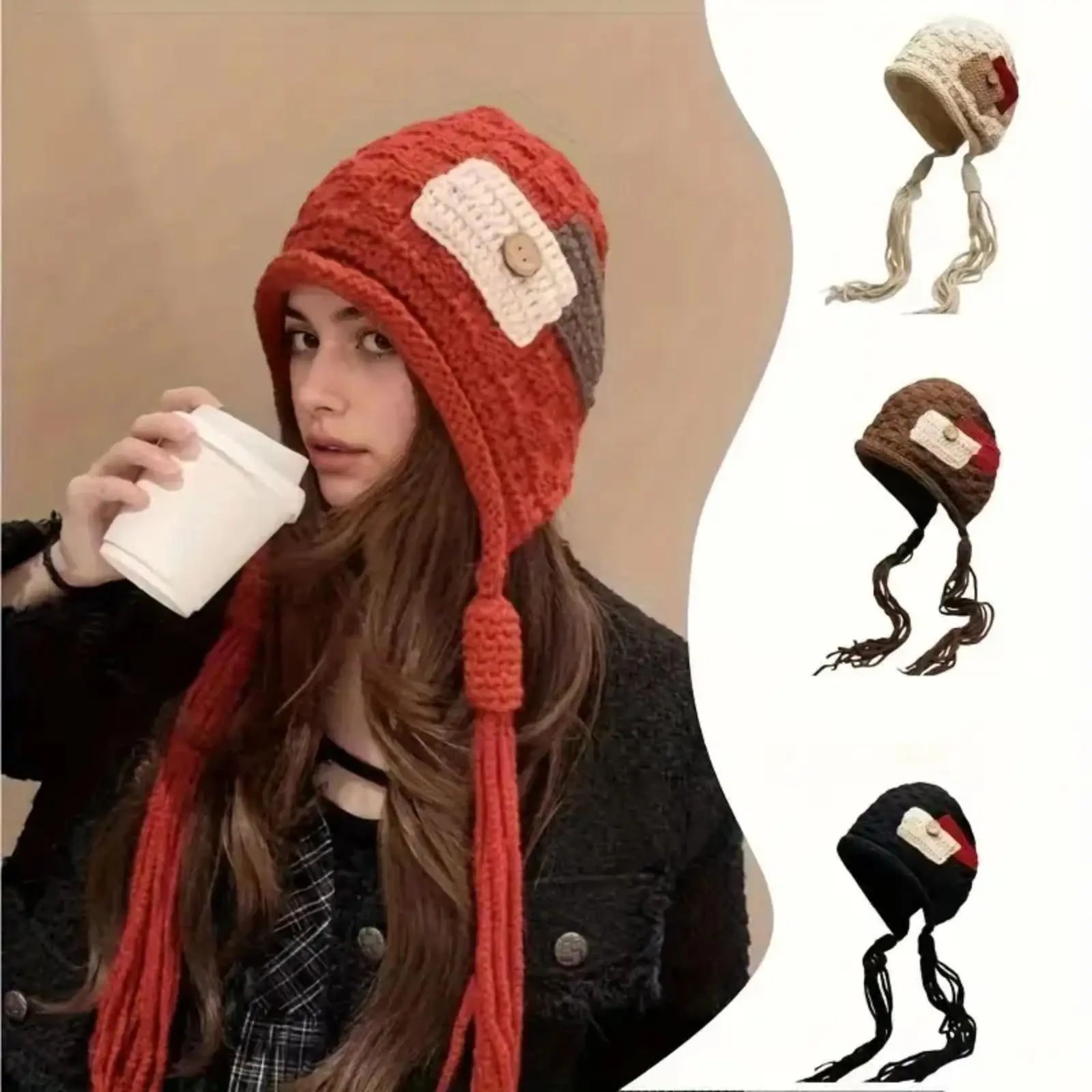 Unisex Cotton Knit Peru-Style Patchwork Tassel Winter Earflap Hat - 2-in-1 Warm-Lined Neck Warmer Scarf, Windproof Fuzzy Ski Cap for Cycling, Cold Weather Daily Wear