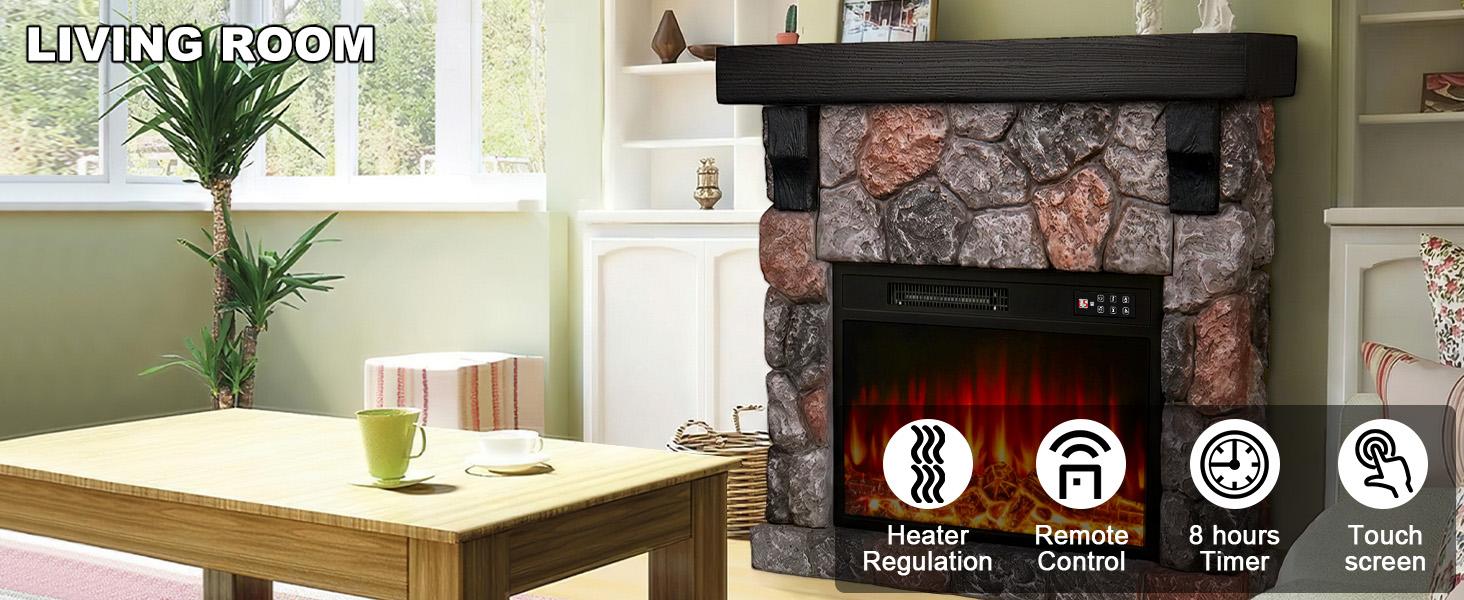 PUKAMI 36" Electric Fireplace with Mantel, 23 inch Electric Fireplace Insert, TV Stand Freestanding Heater with Remote Control Timer LED Flame for Living Room Bedroom,Faux Stone Gray