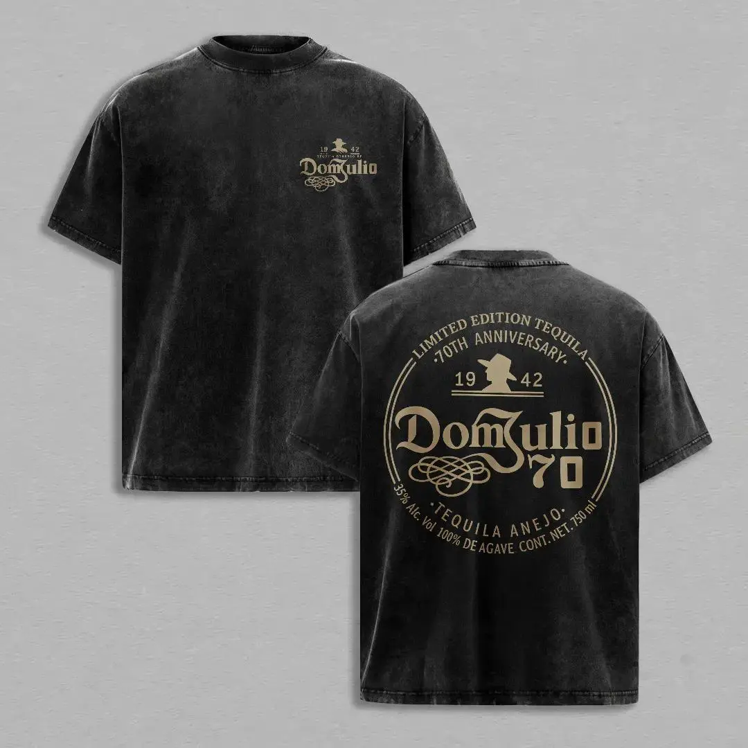 Men's Short-Sleeve Breathable Tee, American Retro Washed Black Cotton Top with Tequila Graphic, Dom Julio Gold Font, Full-Circular Vintage Liquor Label Back Print, Menswear for Retro Bar Fashion & Daily Casual, Medium Length, Line Dry