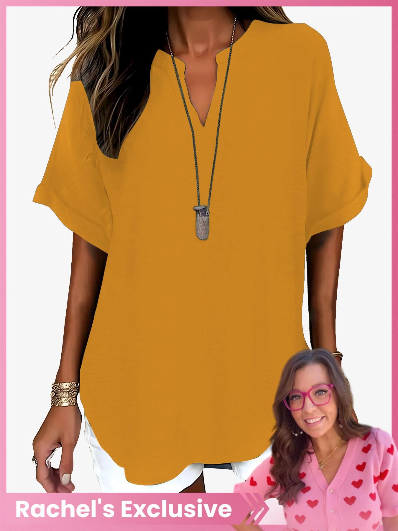 Women's Simple Solid Color Commuter V-Neck Drop Shoulder Vintage Versatile Top, Short Sleeve Fitted H-Type Blouse, Casual Fashion Shirts