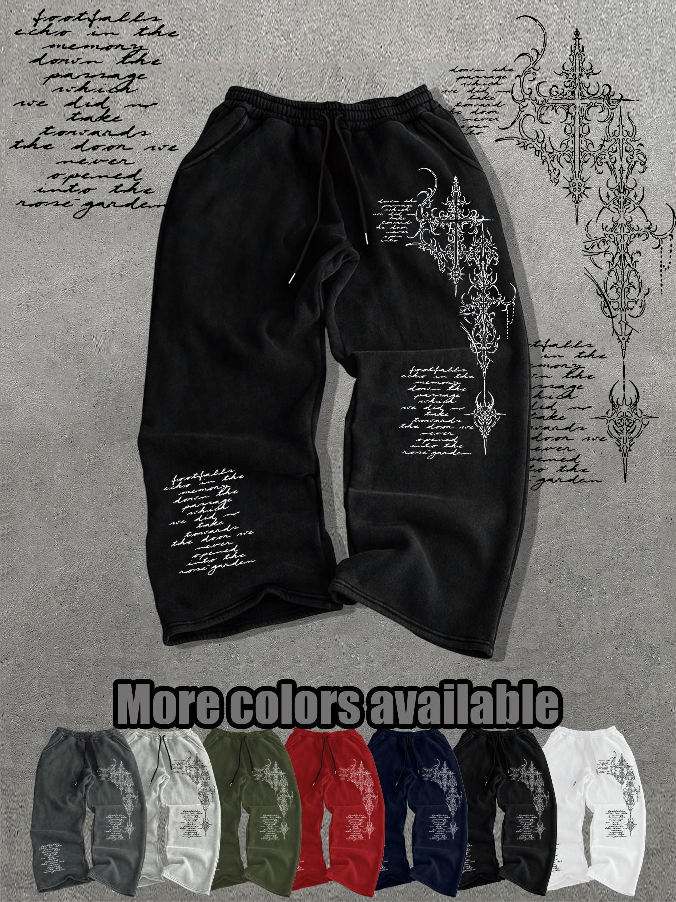 Men's Loose-Fit Graphic Pants, Drawstring Waist Long Pants, Streetwear Style, Casual Everyday Wear, Must-Have for Men's Closet