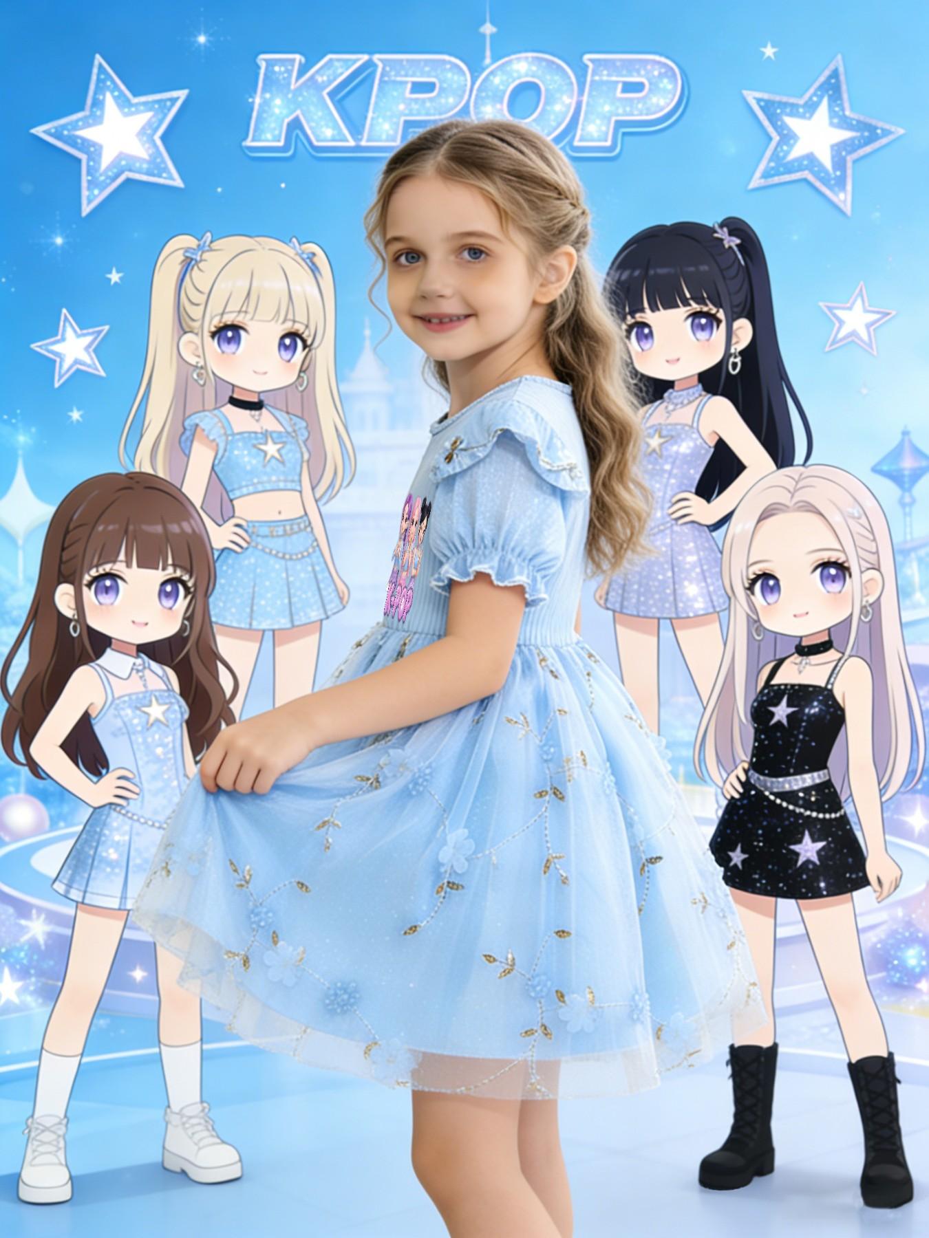 Sweet Style Girls' Dress, Flutter Sleeve Bubble Sleeve, K-Pop Print, Summer Mesh Princess Dress, Casual Fitted Butterfly Pattern