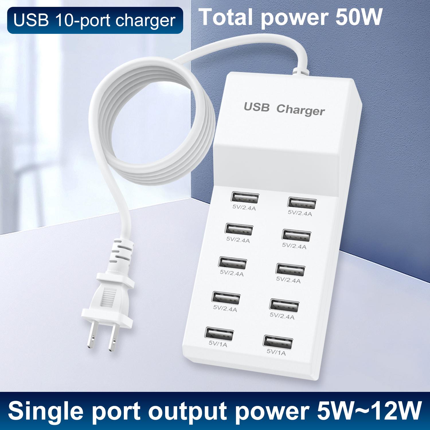 50W 10A USB Charger, 10-Port USB A Ports Desktop Charging Station, Multi Port Travel Fast Wall Charger HUB for Smart Phones, Tablet and More
