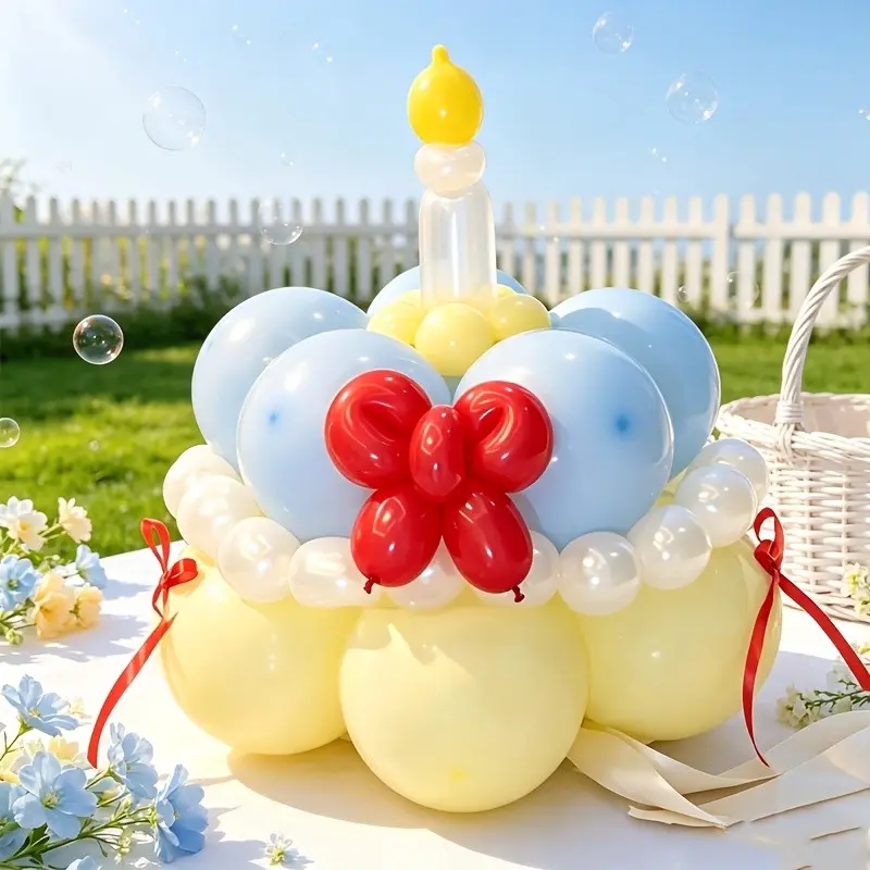 1Set DIY Cake Themed Balloon Decor Set, Macaron Color Latex & Long Balloons, Red Bows and Glue Dots, Balloon Decorations, Party Supplies for Birthday, Anniversary, Christmas, Mother's Day, Indoor Room Backdrop and Photography Decoration