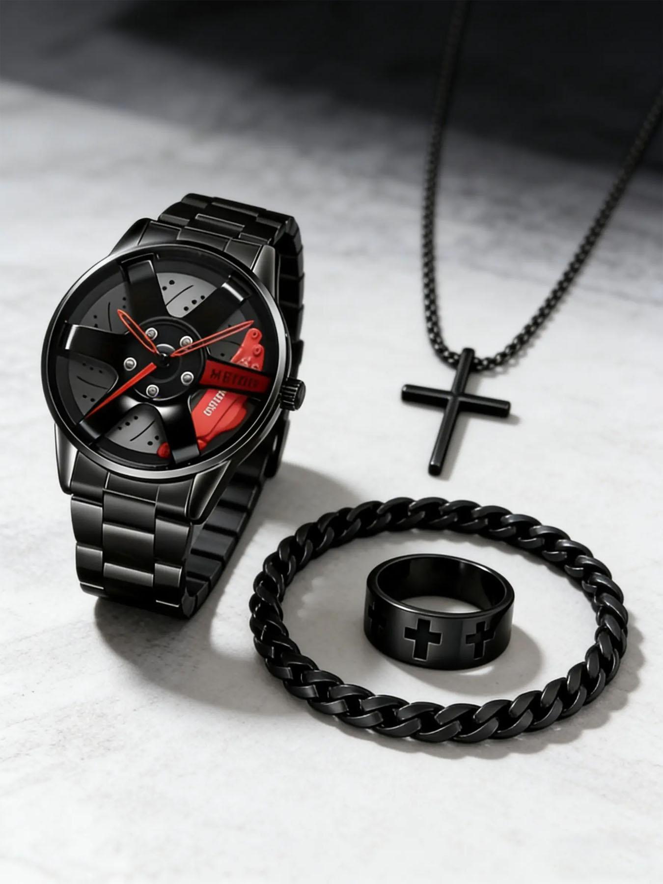 4-piece men's fashionable and casual high-quality quartz watch set+cross jewelry chain ring bracelet necklace