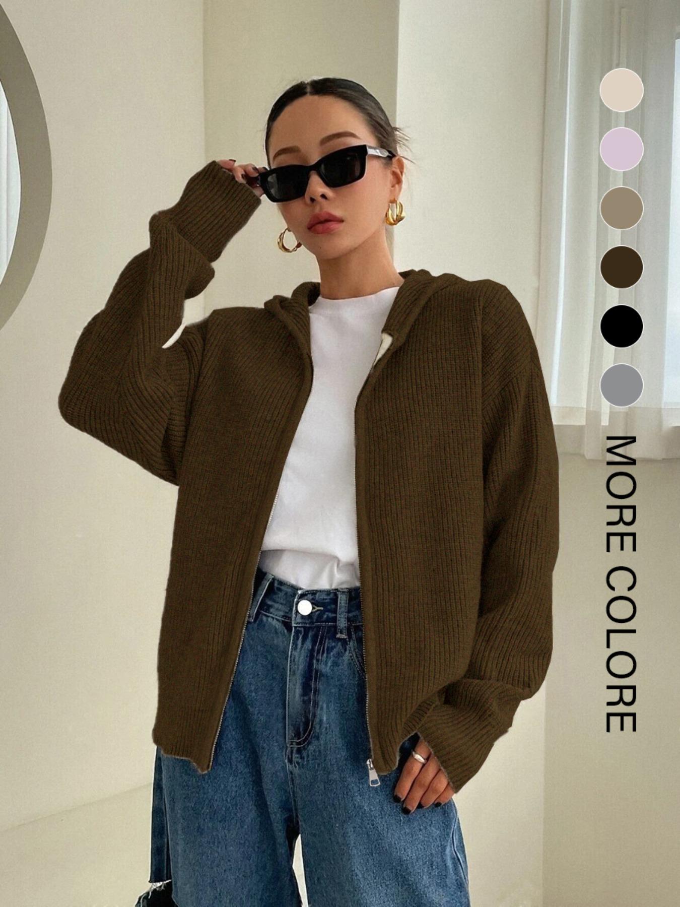 Women's Solid Zip-Up Hooded Sweater Cardigan, Casual Drop- Shoulder Long-Sleeve Cardigan, Women Knitwear for Fall & Winter Daily Wear