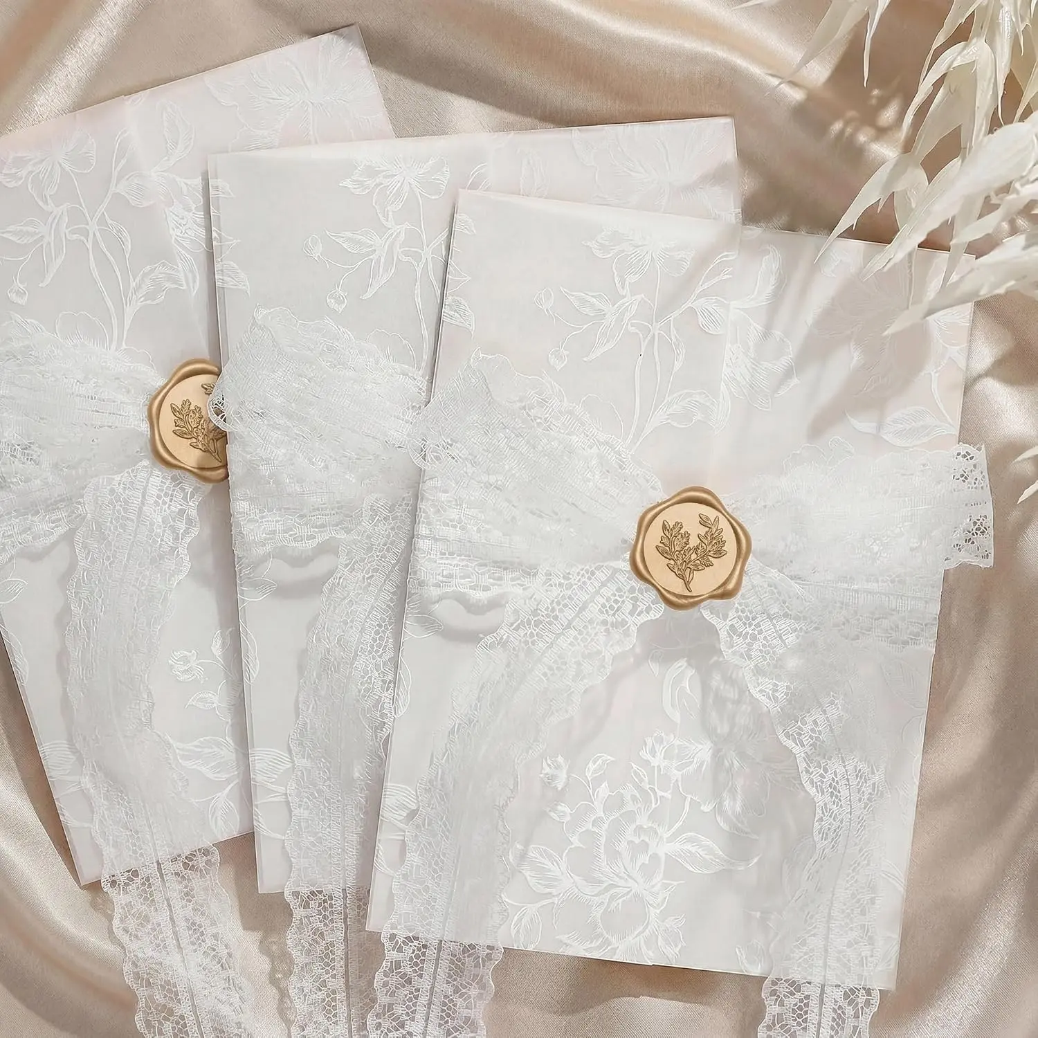 50 Sets Wedding Invitation Kit, White Floral Vellum Jackets for 5x7 Invitations w/Lace Ribbon & Eucalyptus Wax Seal Stickers, Wedding Invitation Accessories