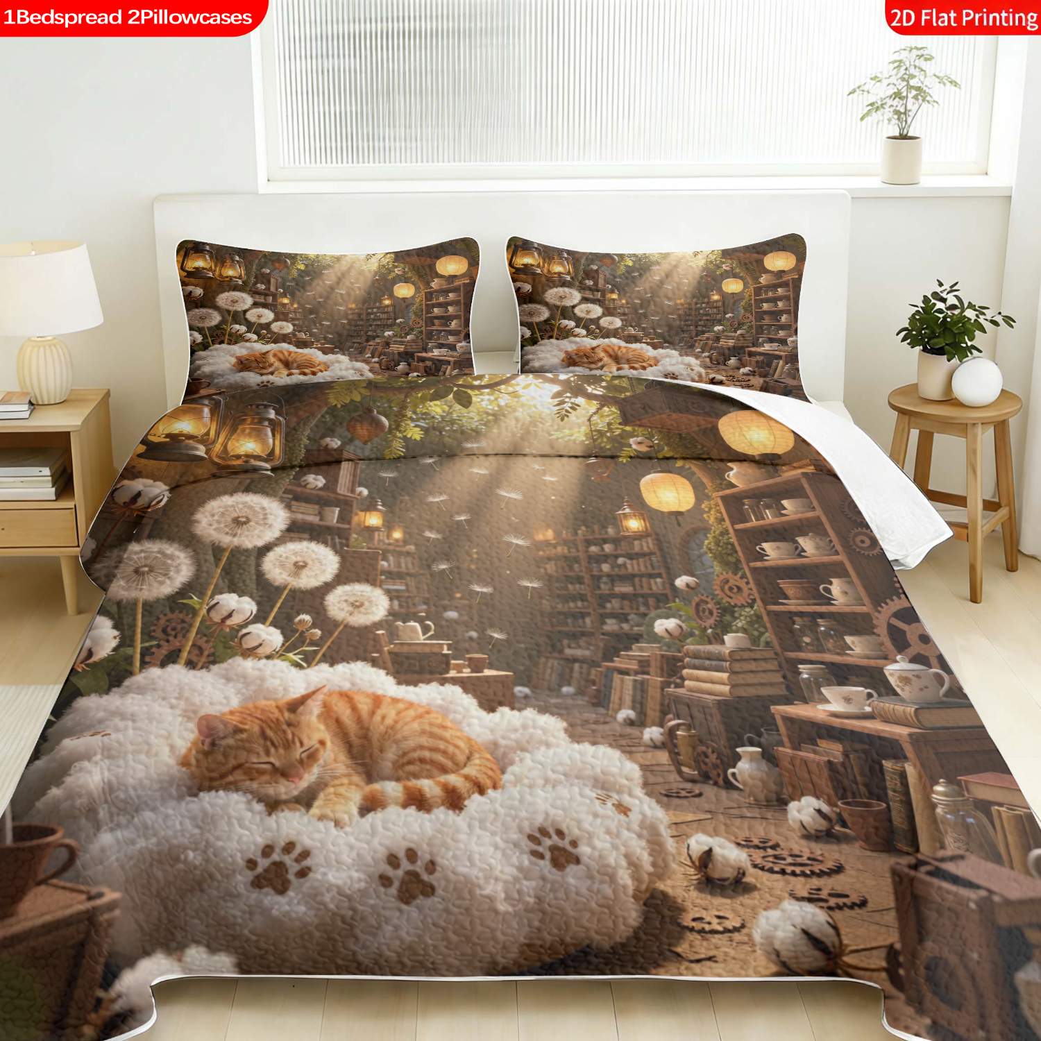 3 pcs, 2D flat print Cozy Cottagecore bed cover set Whimsical Cat & Dandelion, multiple sizes available, bedding set, festive decorative bedding, ideal for bedroom decor(1 bedspread , 2 pillowcases)