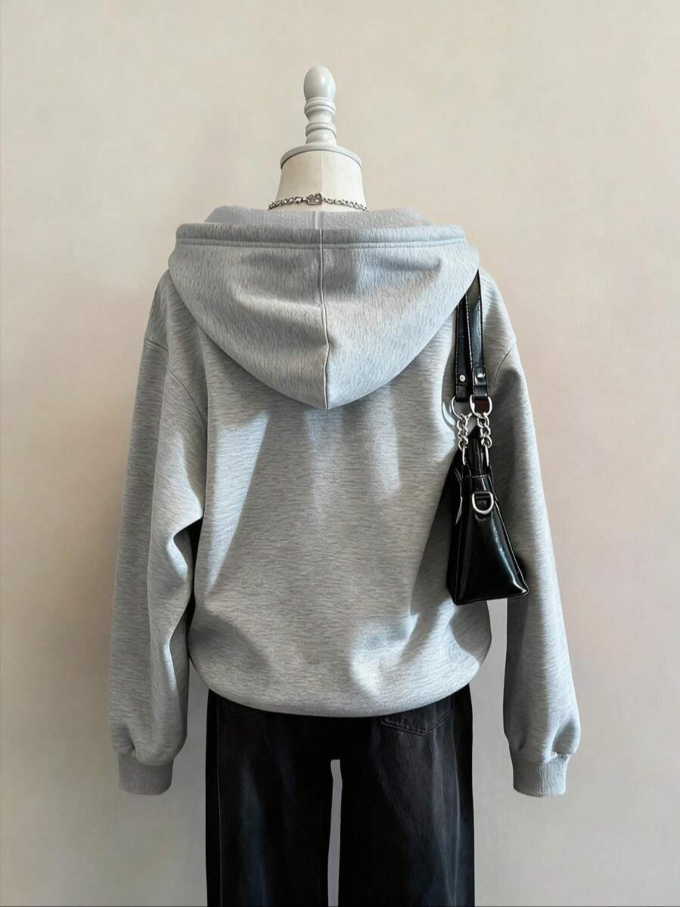 Women's Casual Loose Fit Long Sleeve Hoodie, Lady Vintage Style Zipper Design, Warm Pocketed Sweatshirt for Fall & Winter, Comfortable Daily Wear, Womenswear