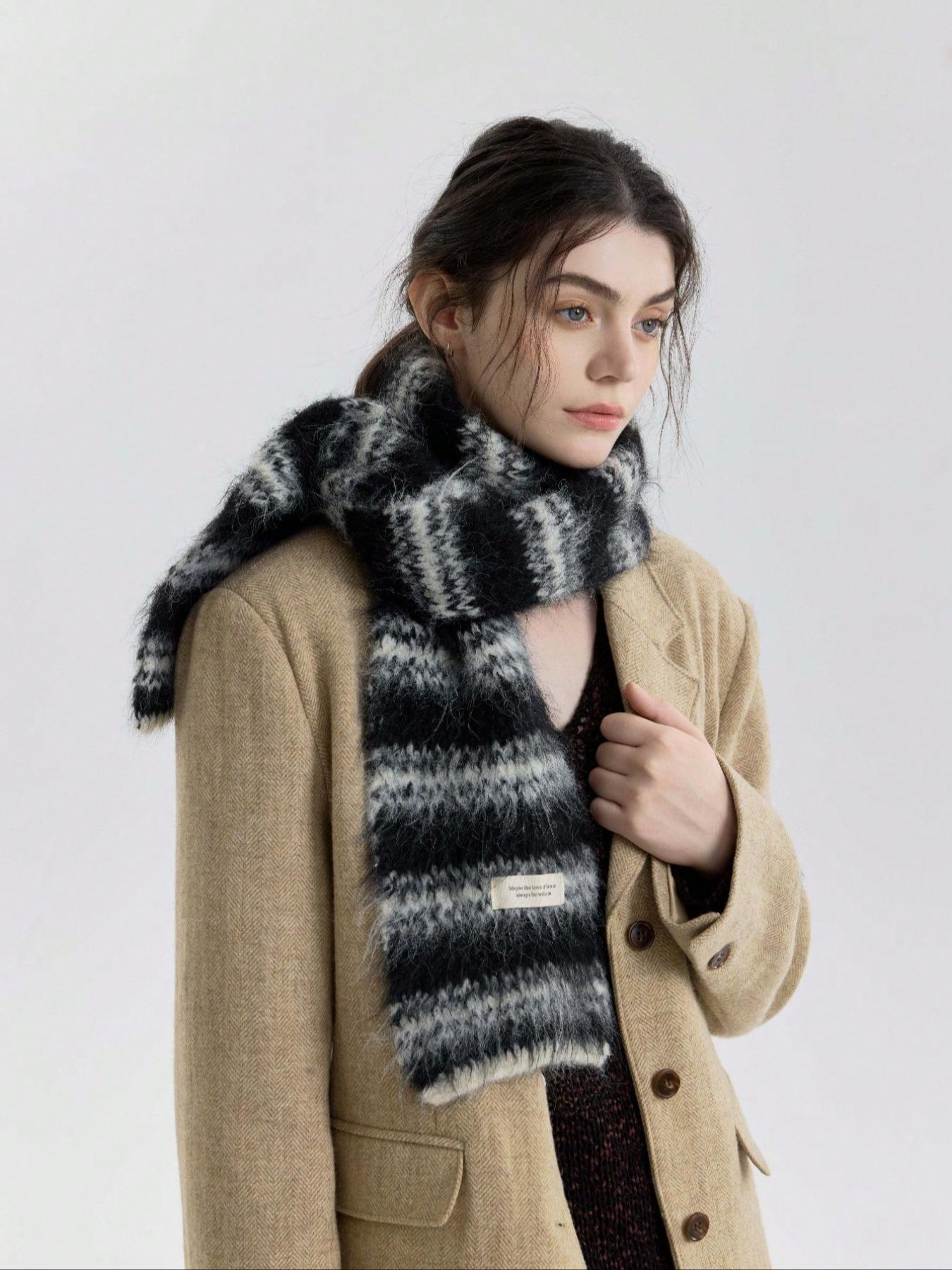 Women's Striped Patchwork Colorblock, Elegant Fall Winter Accessory Knitted Scarf, Perfect for Outdoor Travel Daily Commute