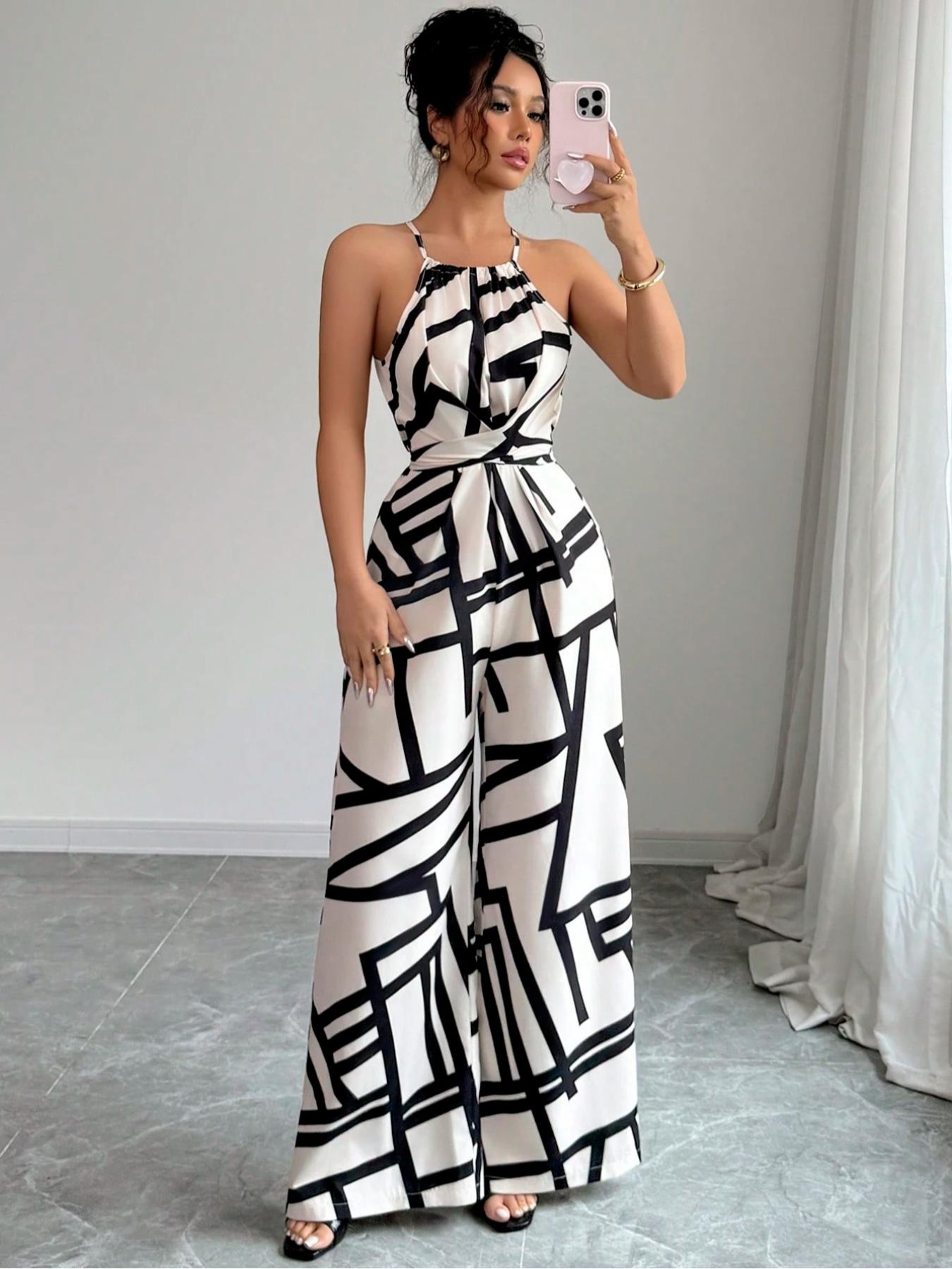 Women's Floral Print Woven Elegant Waist Cinched Casual Jumpsuit, All-Season Daily Wear, Sleeveless Strap Design with Outerwear Option