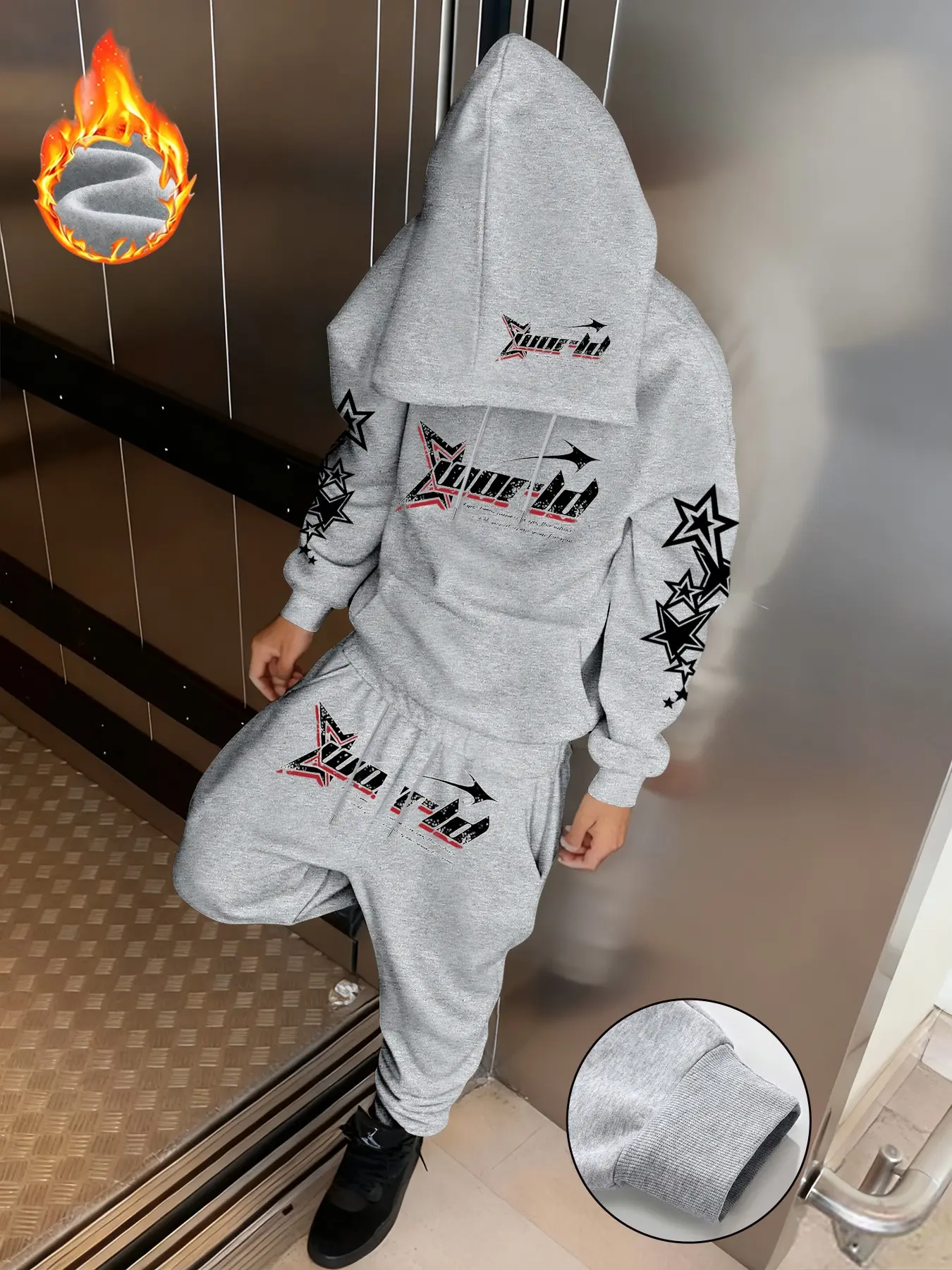 Men's Fall Winter Thickened 2-Piece Set, Letter Star Print Hoodie + Drawstring Pants, Comfortable Outdoor Casual Wear, Perfect Gift