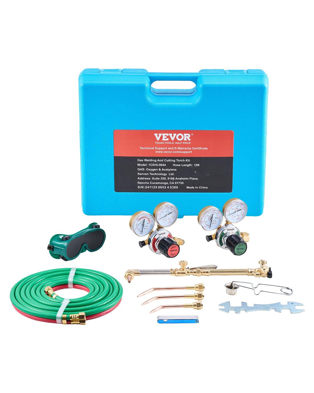 VEVOR Oxygen Acetylene Torch Kit, Gas Welding Cutting Torch Kit, 14PCS Portable Oxy Acetylene Brazing Set with 177'' Long Twin-Hose, Cutting Nozzle, 3 Welding Tips Carry Case (without Gas Cylinder)