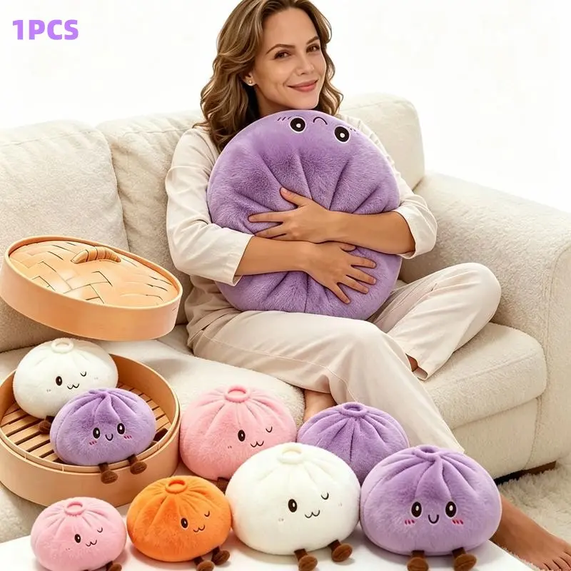 Baozi Plush Pillow, Cute Cartoon Food Stuffed Toy, Soft Fluffy Huggable Cushion, Soft Squishy Companion, Home Decor, Birthday Christmas Gift for Adults Kids