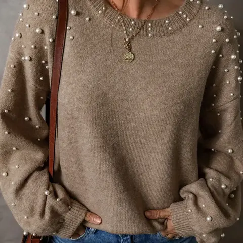 Women's Faux Pearl Decor Drop Shoulder Sweater, Casual Long Sleeve Round Neck Jumper for Fall & Winter, Fashion Ladies' Knitwear for Daily Wear, Style