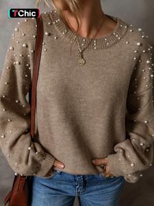 women's faux pearl decor drop shoulder sweater, casual aesthetic chic long sleeve round neck jumper for fall & winter, fashion ladies' knitwear for daily wear, fall womenswear