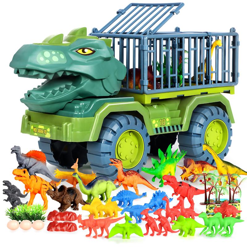 Dinosaur Transport Truck, Tyrannosaurus Rex Toy Car Set, Featuring Simulated Dinosaurs ( Random), Dinosaur Eggs, Trees, and Maps,Gift for Boys and Girls 3-5 Years