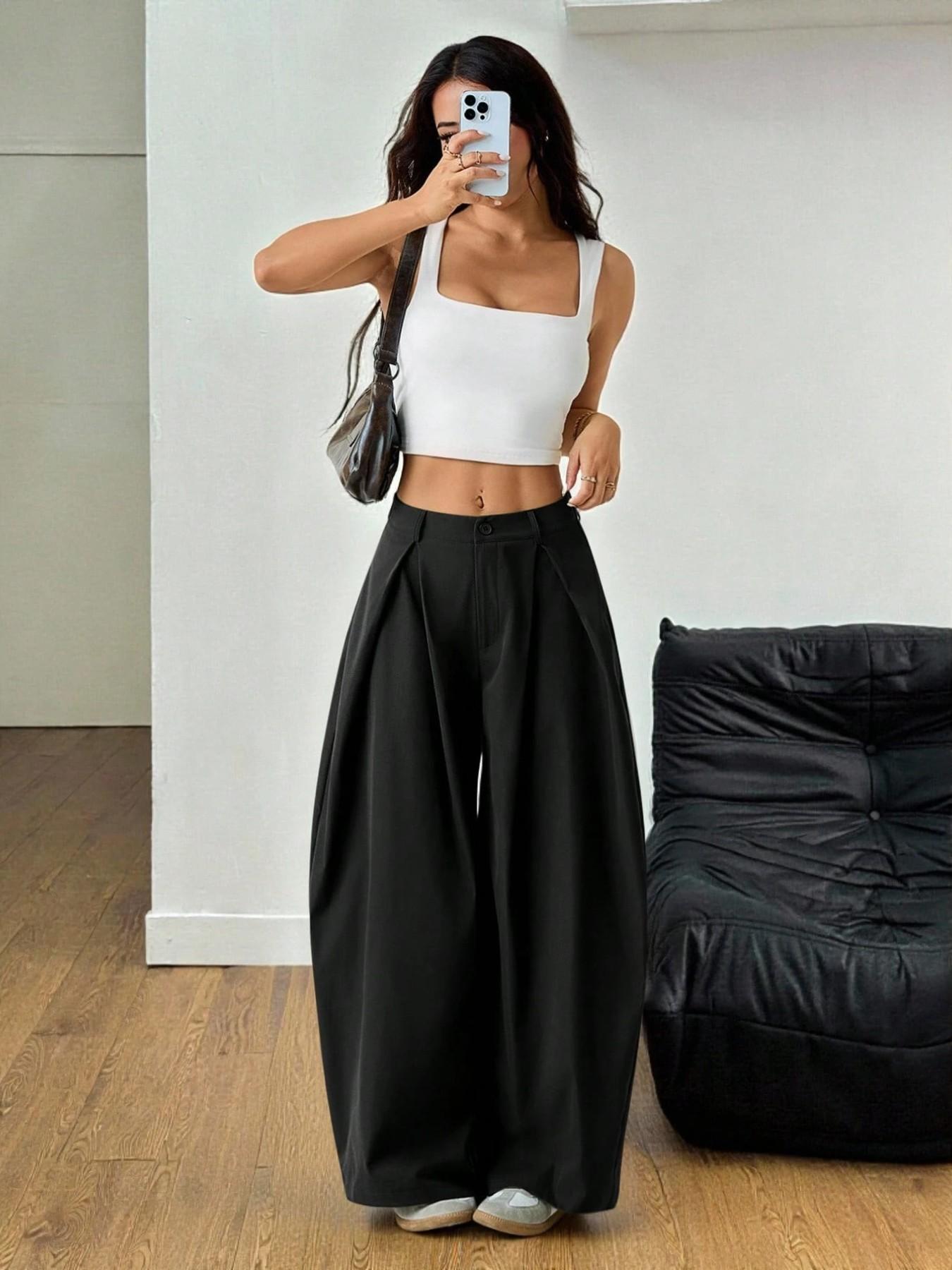 Women's Vintage Casual Street Style Loose Fit Pants, Elastic Waist Wide Leg Trousers, Retro Fashion Bottoms for Daily Wear