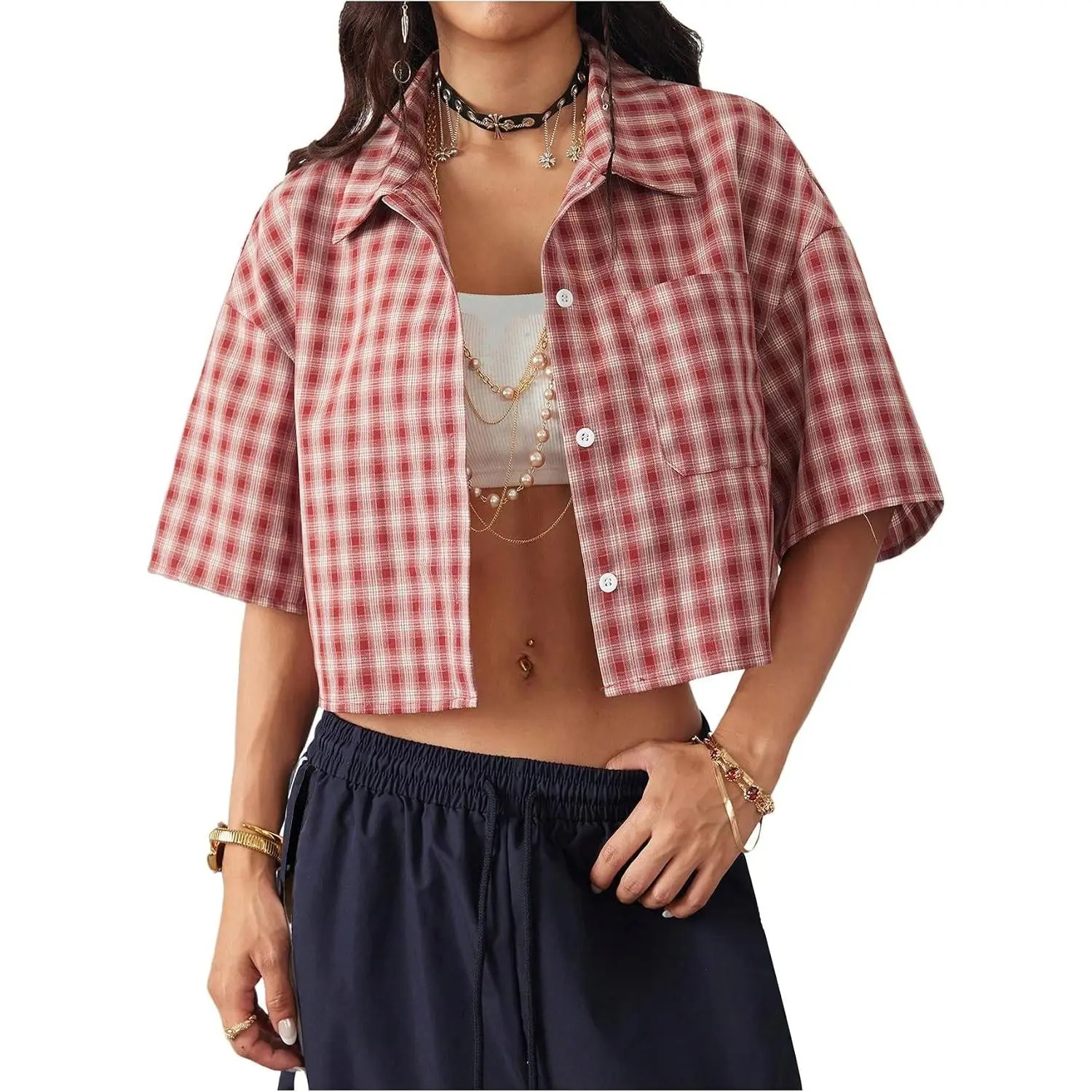Women's Vintage Plaid Button Down Short Sleeve Crop Blouse Cropped Flannel Casual Gingham Preppy Y2K Hip HopGift