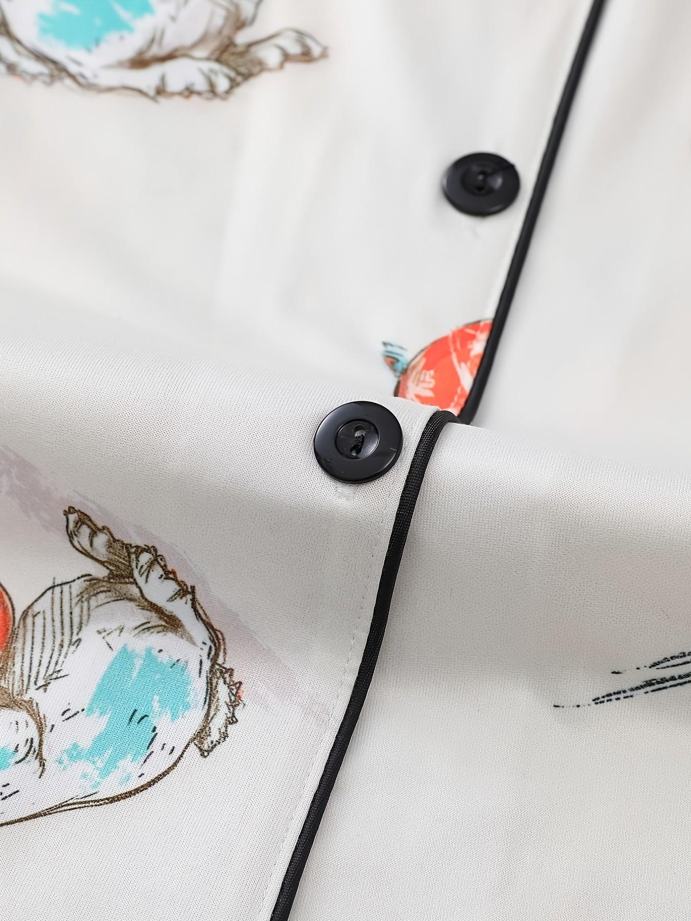 Easter 2 Piece Women's Pajama Set with Rabbit and Egg Print, Short Sleeve Button-Up Top and Loose Stretch Shorts, Casual Comfortable Sleepwear for Holidays and Everyday Wear