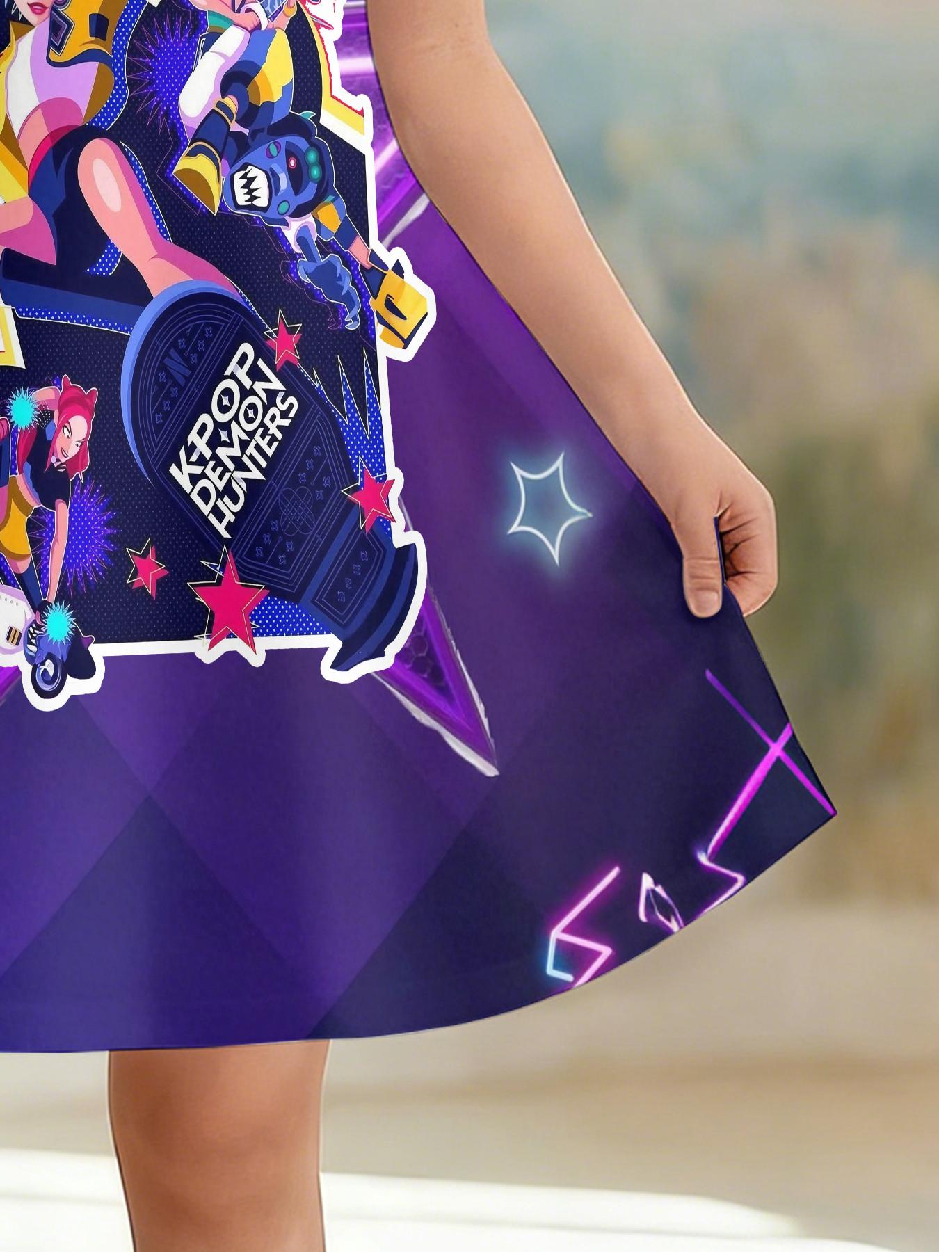 Girls' 3D Short Sleeve Dress, Neon Kda Full Print Summer Dress, Perfect for Parties, Festivals, Gifts, Birthday Presents