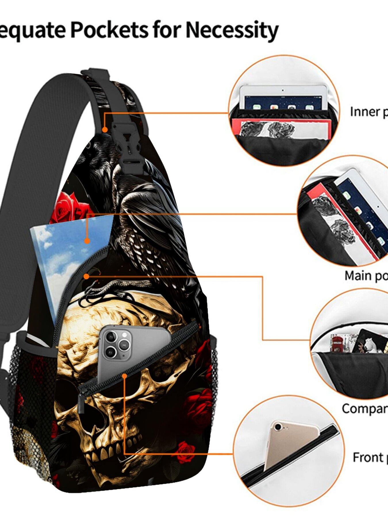 Crow Skull Red Rose Pattern Full-Panel Print Chest Bag Zipper Fanny Pack