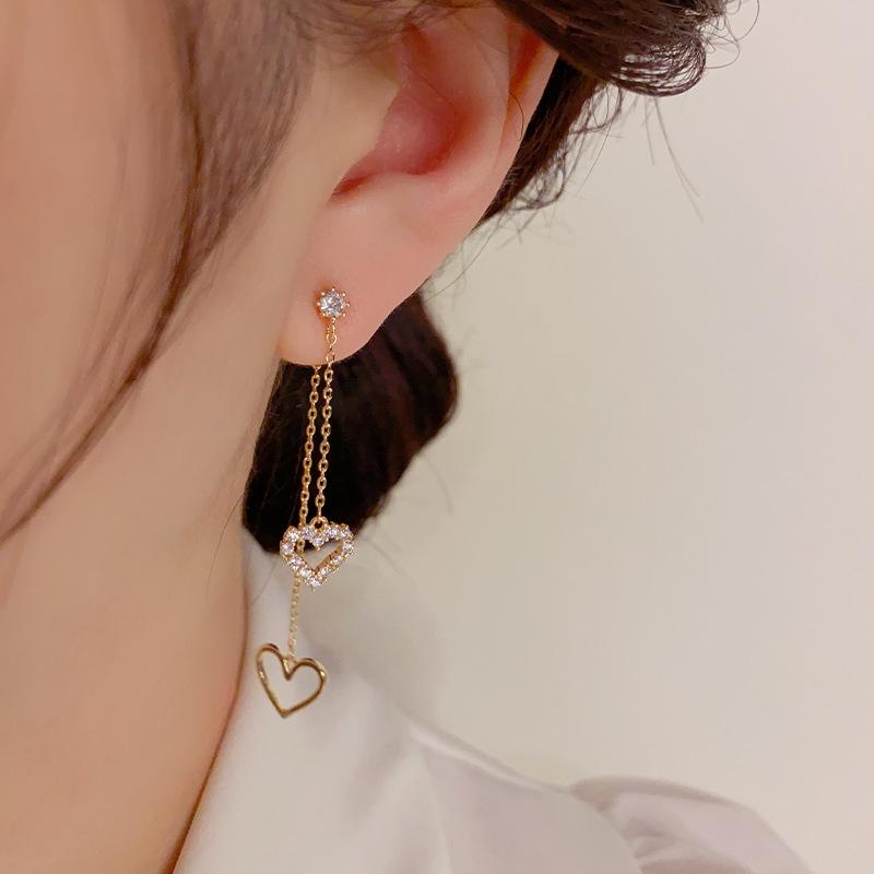 Exquisite minimalist light luxury micro-inlaid heart-shaped hollow tassel earrings for women, fashionable and elegant long earrings that give a slimming appearance E50216-EH