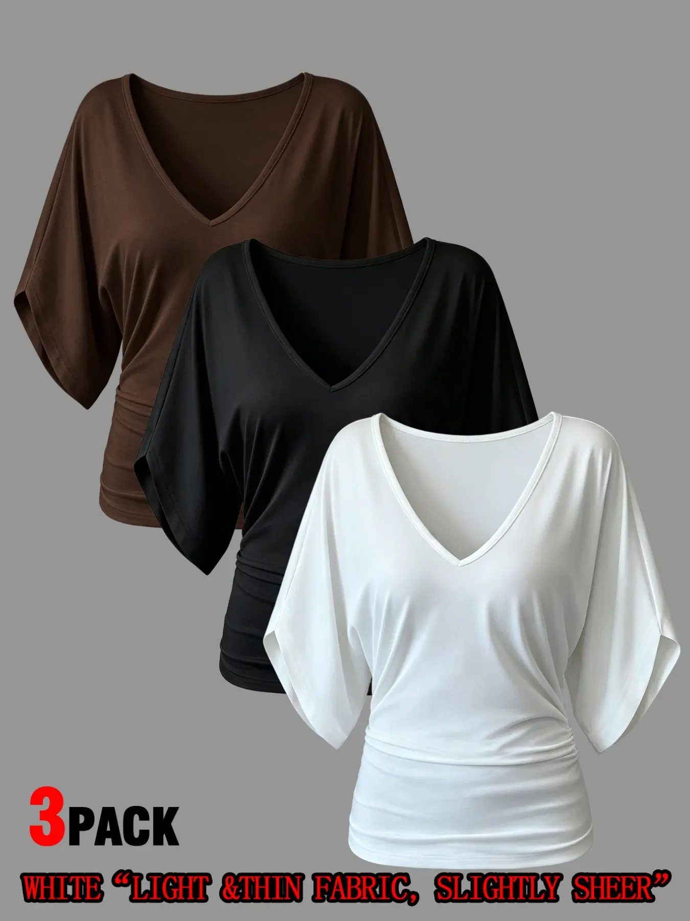 Three-Piece Women's Ruffle Batwing Sleeve V-Neck T-Shirt Set, Summer Basic Solid Color Slim Fit, Casual Daily Wear, Multiple Colors Available