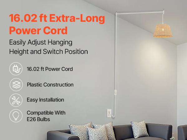 VEVOR Plug in Hanging Light Cord Kit, 16ft Lantern Extension Cords, 2 Pack E26 Light Socket Lamp Cord Replacement, Secure Sturdy, Easy to Install, Pendant Lamp Kit On/Off Switch Socket Rings