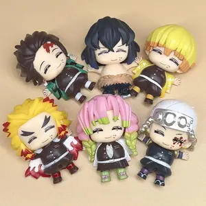 6pcs/set Demon Slayer Tanjiro Zenitsu Inosuke Kyoujurou Tengen Mitsuri Eat satisfied Action Figure Cute Doll Anime Model Toys