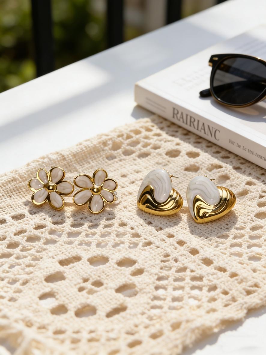 White Enamel Gold Stud Earrings for Women, Dripping Oil Heart Flower Geometric Earring, Hypoallergenic Stainless Steel Jewelry, Trendy 2026 Summer Accessory for Party & Daily Wear