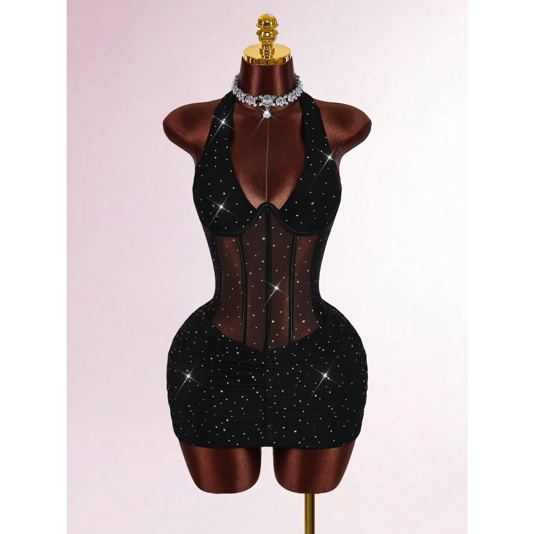 Women's Halter Neck Sleeveless Rhinestone Decor Cinched Waist Sheer Ruched Party Mini Dress Dress For Club Dress Women's Halter Neck Sleeveless Rhinestone Decor Cinched Waist Sheer Ruched Party Mini Dress Dress For Club Dress